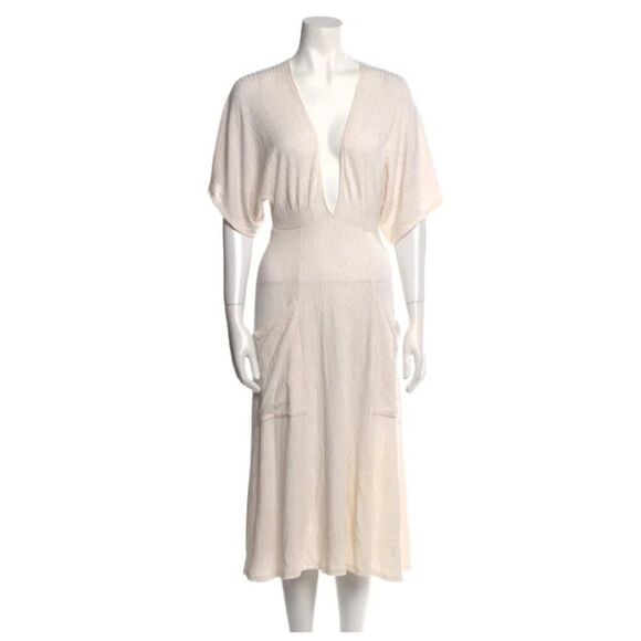 Reformation Midi Dress Linen Blend Plunge V-Neck Texture Knit Ivory XS Stretchy - Picture 10 of 12